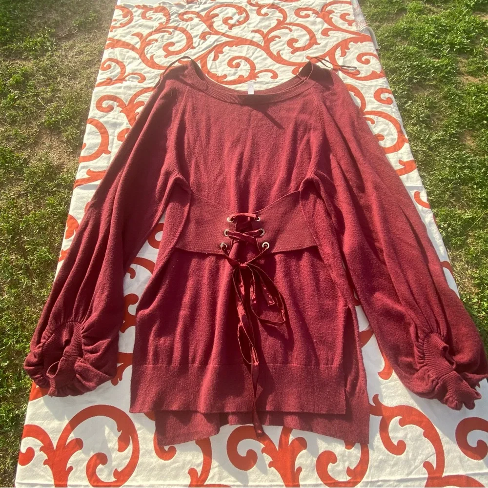 Leith Sweater Dress Long Sleeve Red Oversized Puffy Dress tie waist size xs - Picture 1 of 15